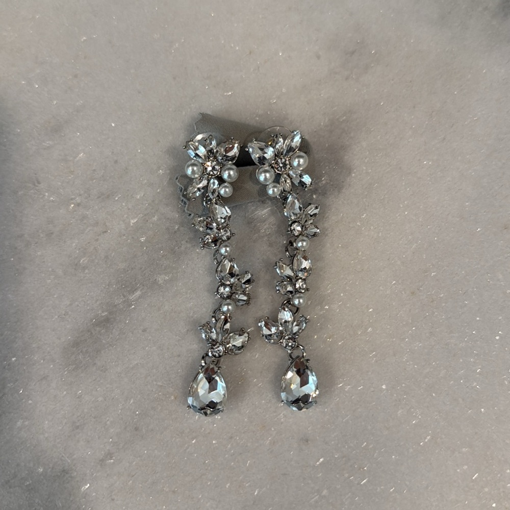 Formal Silver Crystal Drop Earrings - Picture 4 of 9